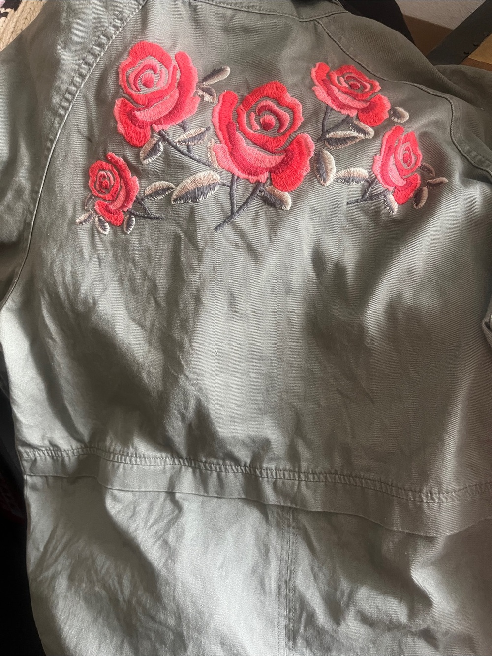 Style & Co. Olive Utility military Jacket with Red Rose Embroidery